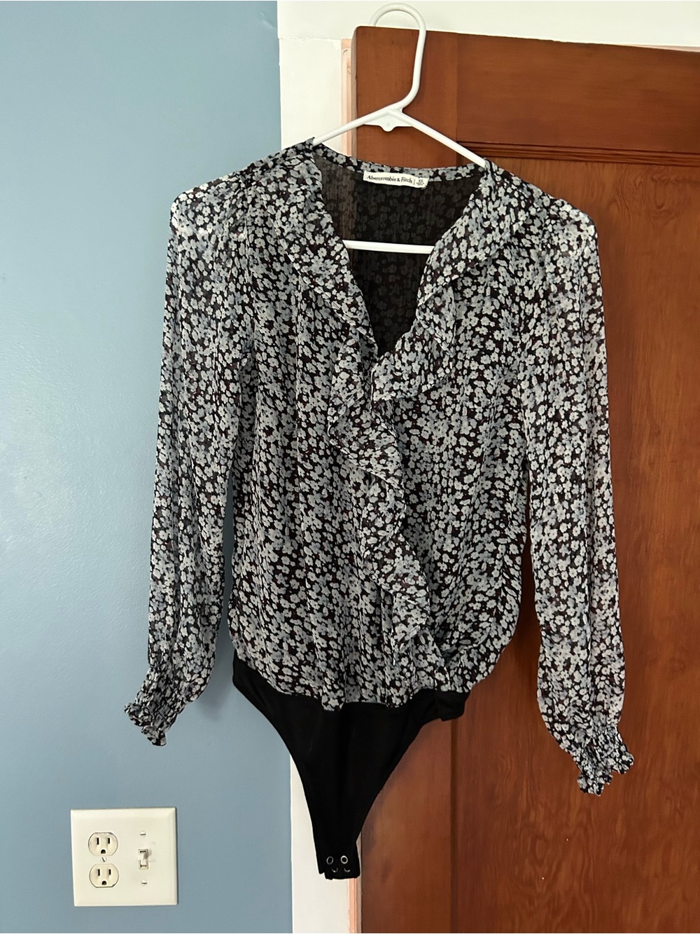 Abercrombie & Fitch Black and White Floral Ruffle Bodysuit